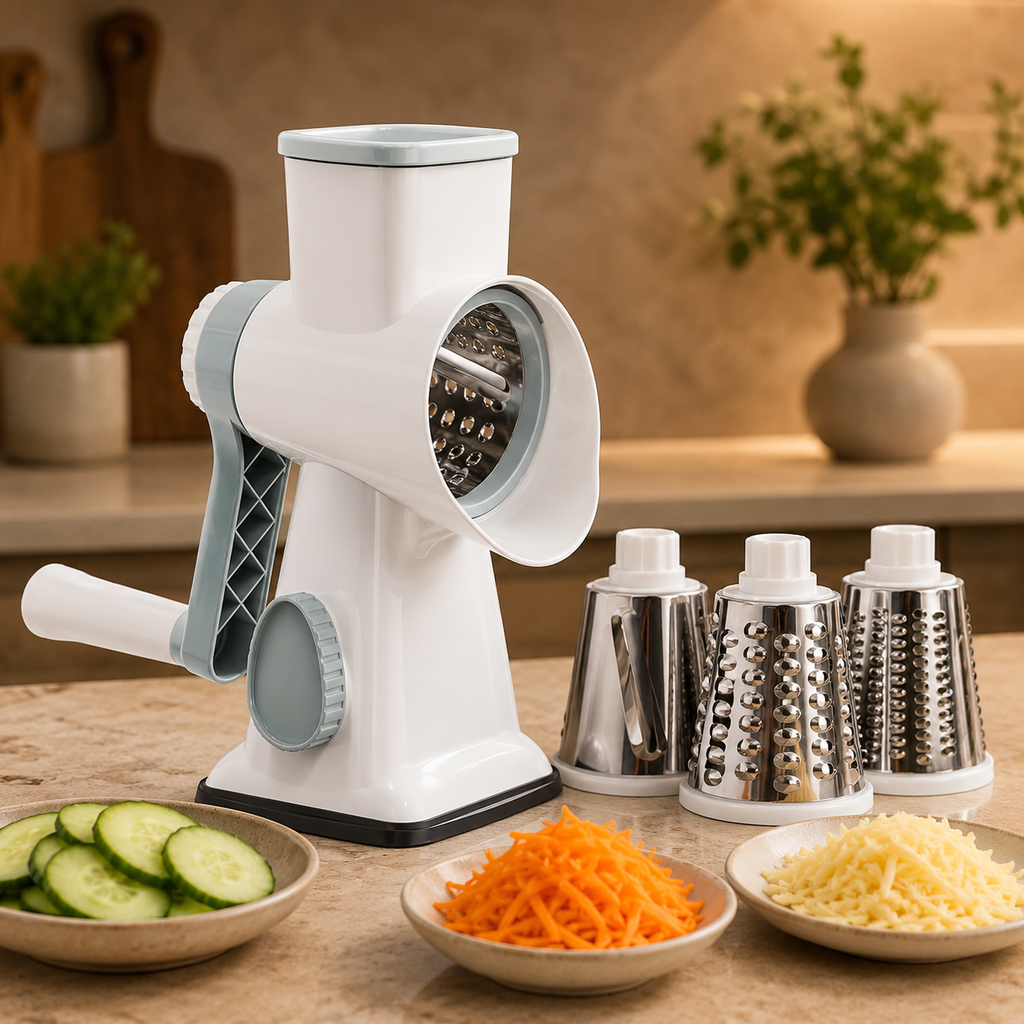 3-In-1 Manual Rotary Cheese Grater, Vegetable Slicer And Food Shredder With 3 Stainless Steel Drum Blades, Suction Base And Hand Pusher