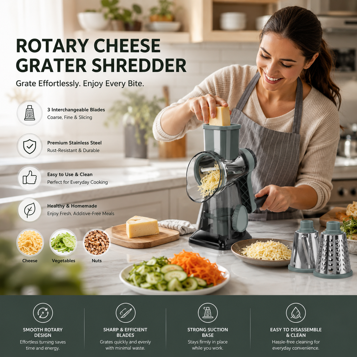 3-In-1 Manual Rotary Cheese Grater, Vegetable Slicer And Food Shredder With 3 Stainless Steel Drum Blades, Suction Base And Hand Pusher