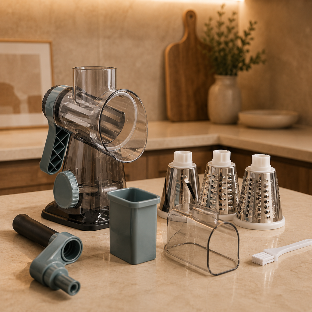 3-In-1 Manual Rotary Cheese Grater, Vegetable Slicer And Food Shredder With 3 Stainless Steel Drum Blades, Suction Base And Hand Pusher