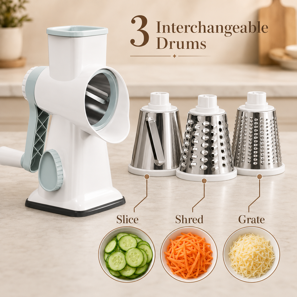 3-In-1 Manual Rotary Cheese Grater, Vegetable Slicer And Food Shredder With 3 Stainless Steel Drum Blades, Suction Base And Hand Pusher
