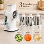 3-In-1 Manual Rotary Cheese Grater, Vegetable Slicer And Food Shredder With 3 Stainless Steel Drum Blades, Suction Base And Hand Pusher