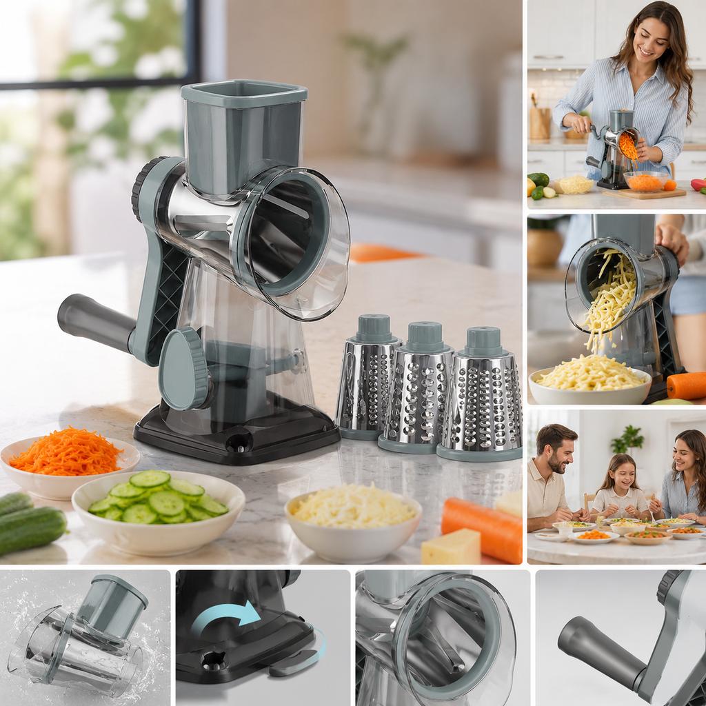 3-In-1 Manual Rotary Cheese Grater, Vegetable Slicer And Food Shredder With 3 Stainless Steel Drum Blades, Suction Base And Hand Pusher