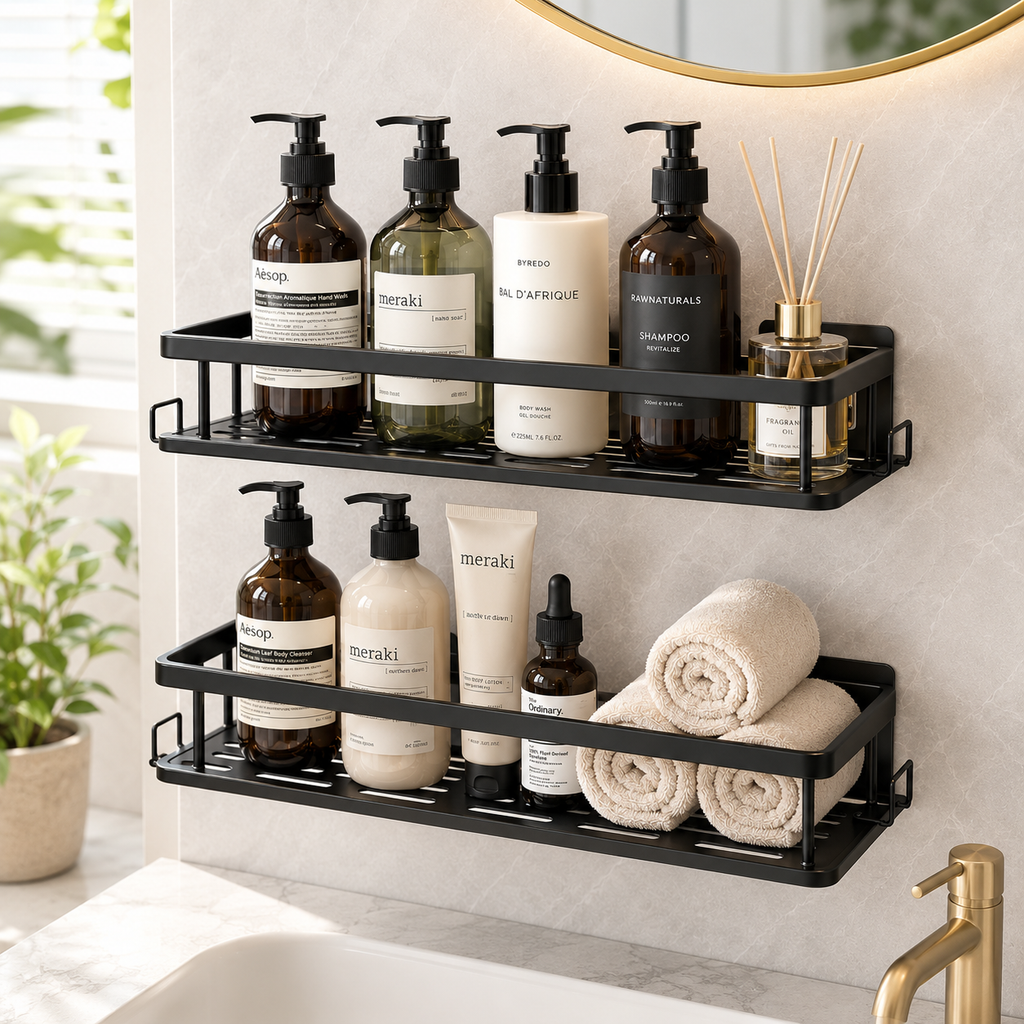 Drill-Free Shower Corner Shelf – Aluminum Bathroom Storage Rack