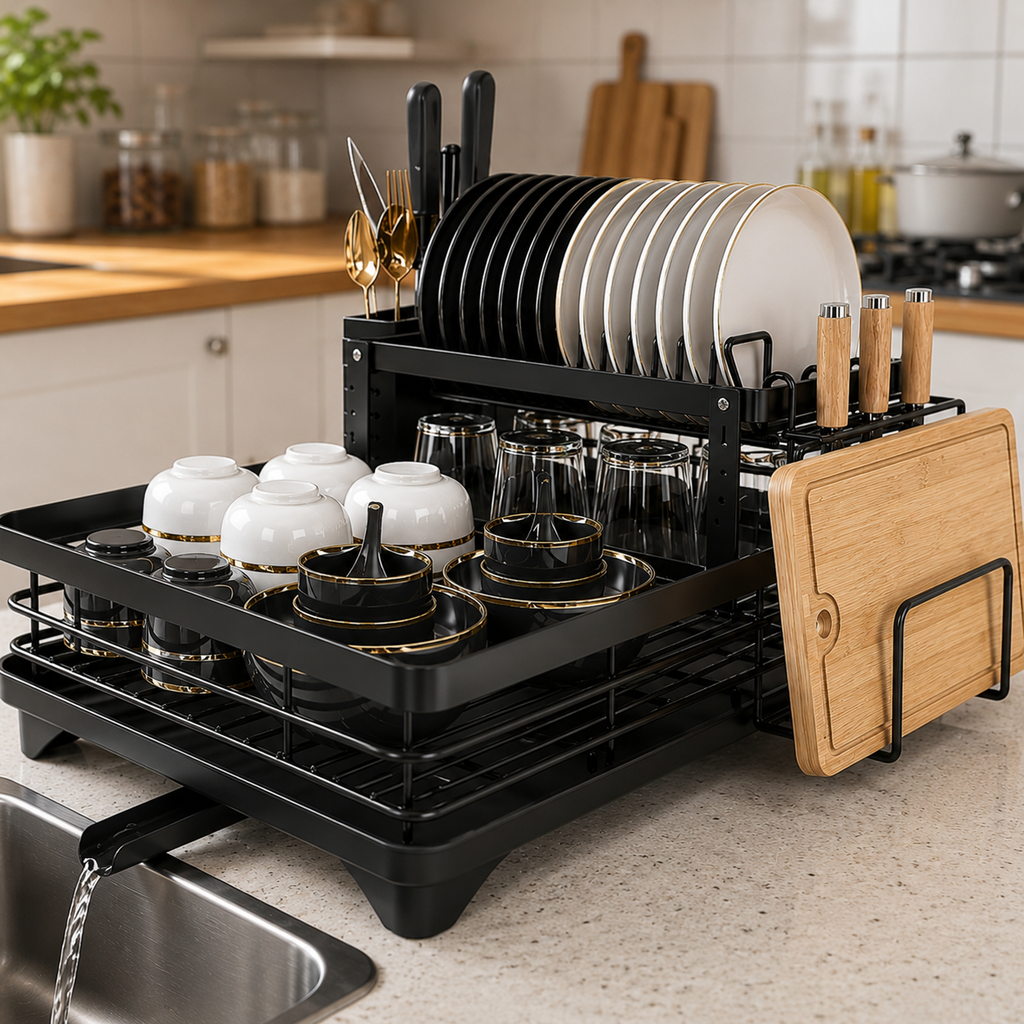 2-Tier Kitchen Dish Drying Rack with 360° Rotating Drainage Spout, Carbon Steel Countertop Organizer with Drip Tray