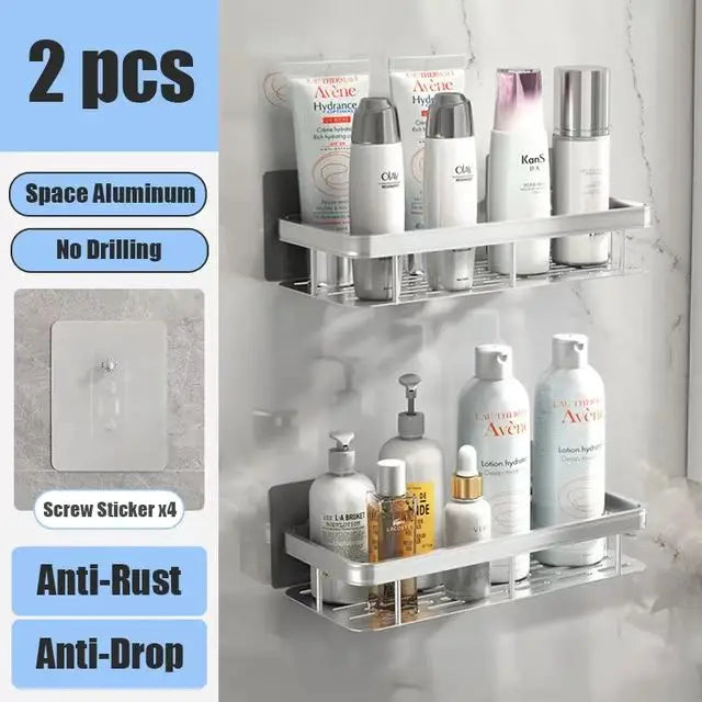 Drill-Free Shower Corner Shelf - Aluminum Rack