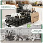 2-Tier Kitchen Dish Drying Rack with 360° Rotating Drainage Spout, Carbon Steel Countertop Organizer with Drip Tray