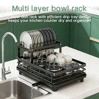 2-Tier Kitchen Dish Drying Rack with 360° Rotating Drainage Spout, Carbon Steel Countertop Organizer with Drip Tray