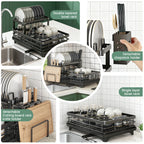 2-Tier Kitchen Dish Drying Rack with 360° Rotating Drainage Spout, Carbon Steel Countertop Organizer with Drip Tray