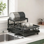 2-Tier Kitchen Dish Drying Rack with 360° Rotating Drainage Spout, Carbon Steel Countertop Organizer with Drip Tray