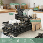 2-Tier Kitchen Dish Drying Rack with 360° Rotating Drainage Spout, Carbon Steel Countertop Organizer with Drip Tray