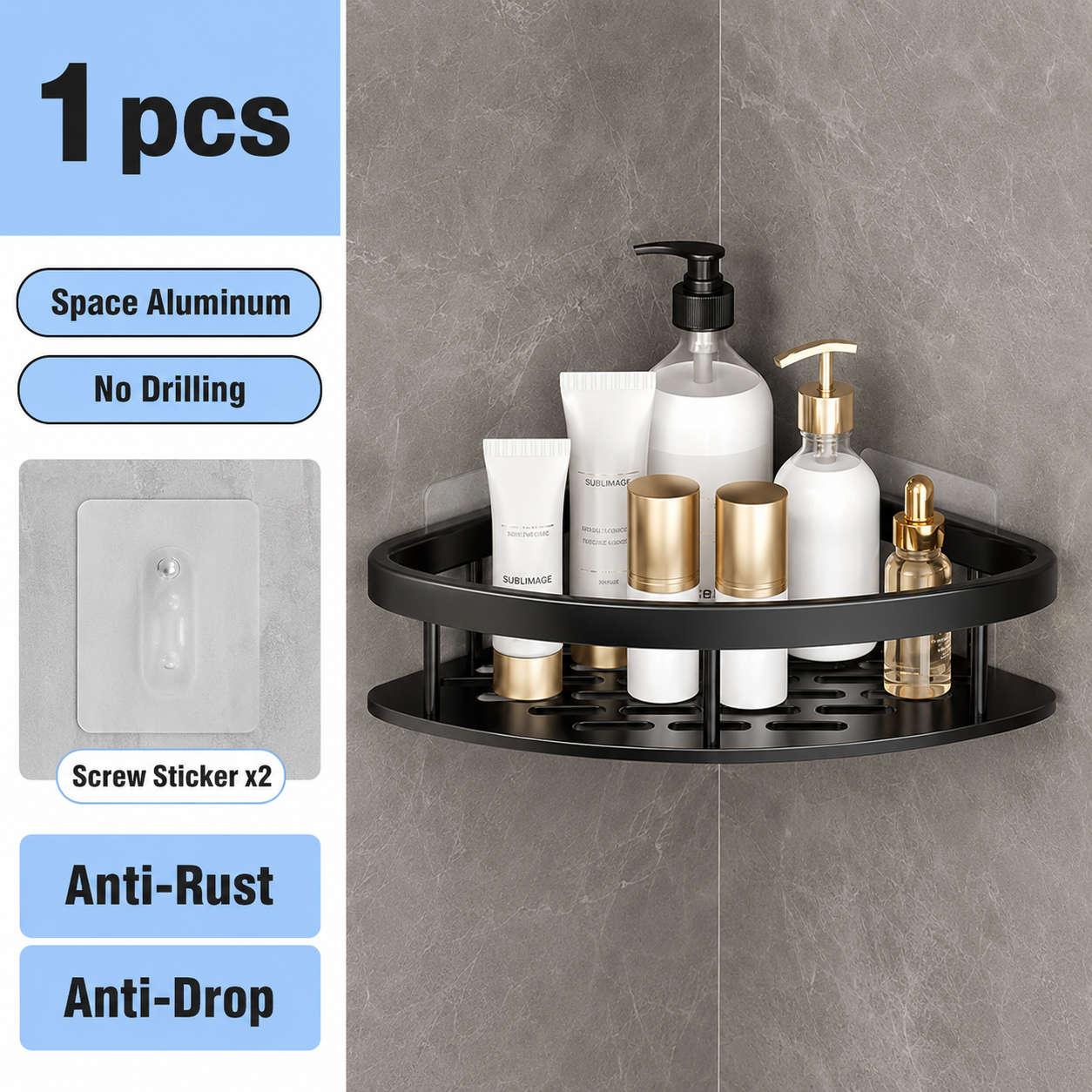 Black 1 piece drill-free corner shower shelf with no drilling features