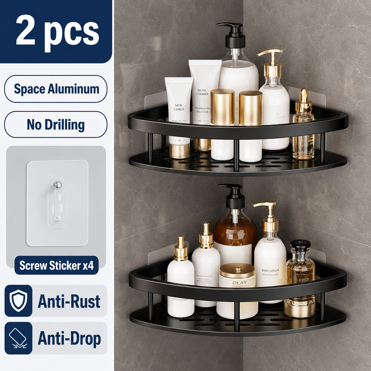 Black 2 piece drill-free corner shower shelf set with no drilling features