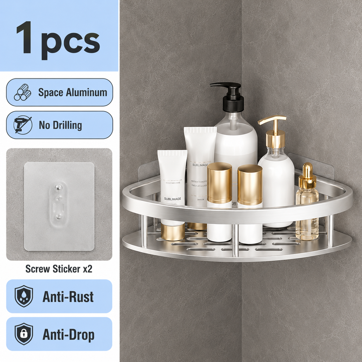 Silver 1 piece drill-free corner shower shelf with no drilling features