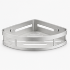Silver 1 piece drill-free corner shower shelf studio product image
