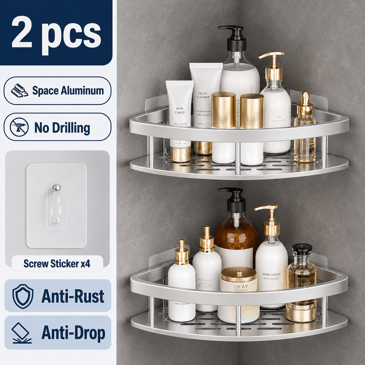 Silver 2 piece drill-free corner shower shelf set with no drilling features