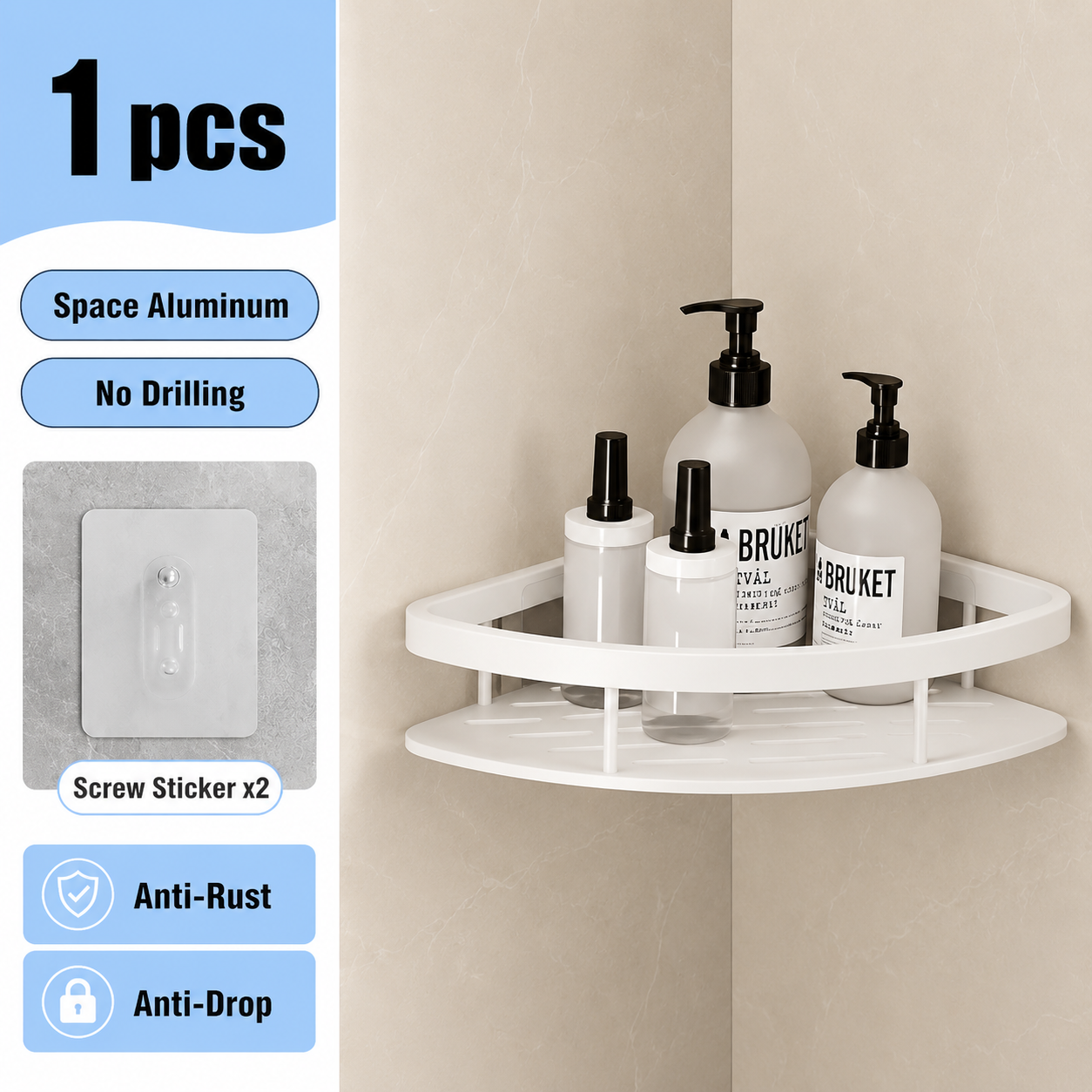 White 1 piece drill-free corner shower shelf with no drilling features