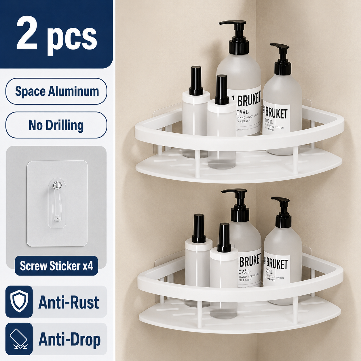 White 2 piece drill-free corner shower shelf set with no drilling features