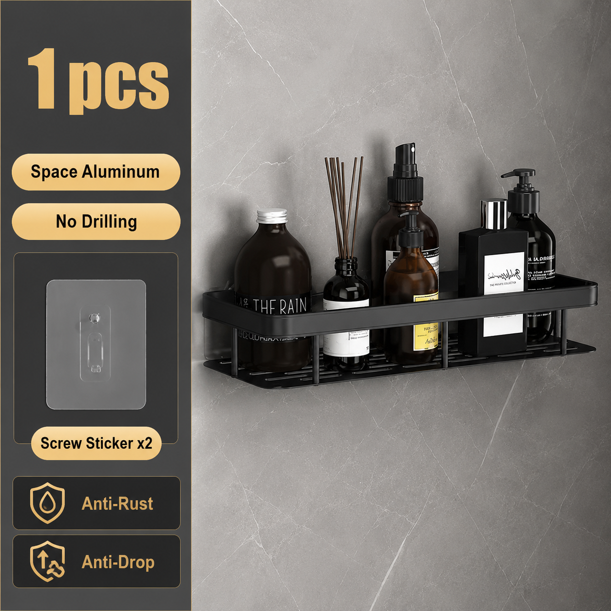 Black 1 piece drill-free wall shower shelf with no drilling features