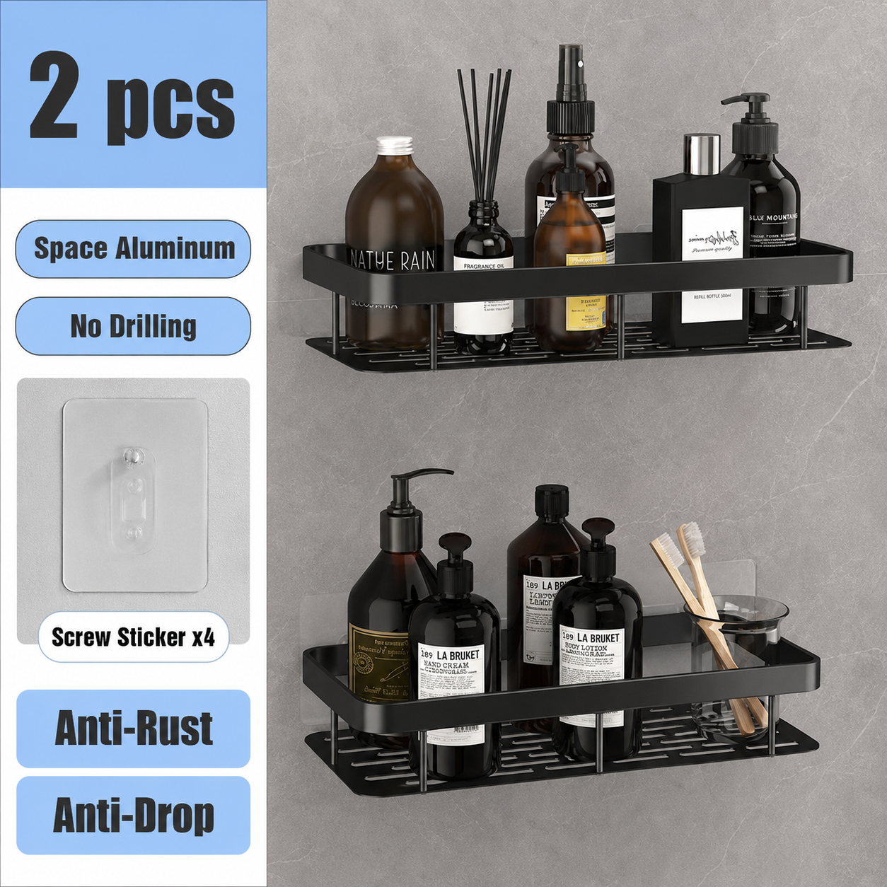 Black 2 piece drill-free wall shower shelf set with no drilling features