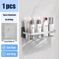 Silver 1 piece drill-free wall shower shelf with no drilling features