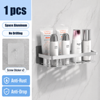 Silver 1 piece drill-free wall shower shelf with no drilling features