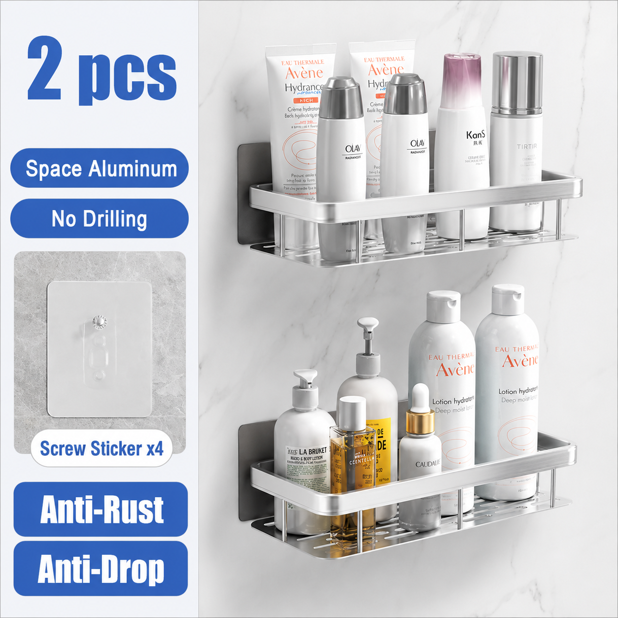 Silver 2 piece drill-free wall shower shelf set with no drilling features