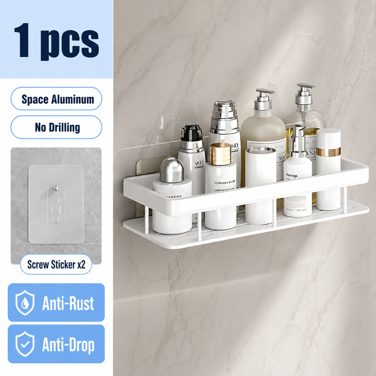 White 1 piece drill-free wall shower shelf with no drilling features
