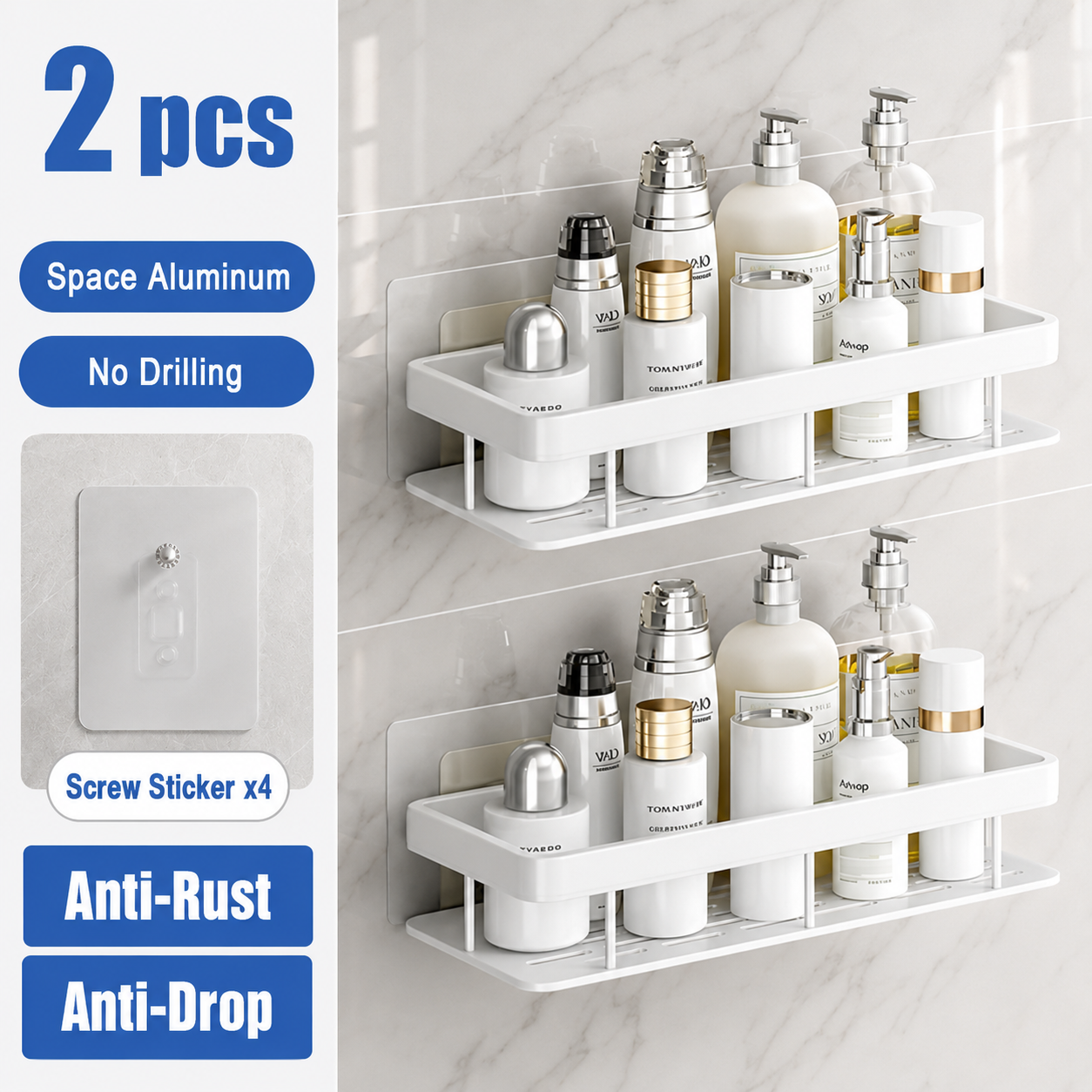 White 2 piece drill-free wall shower shelf set with no drilling features