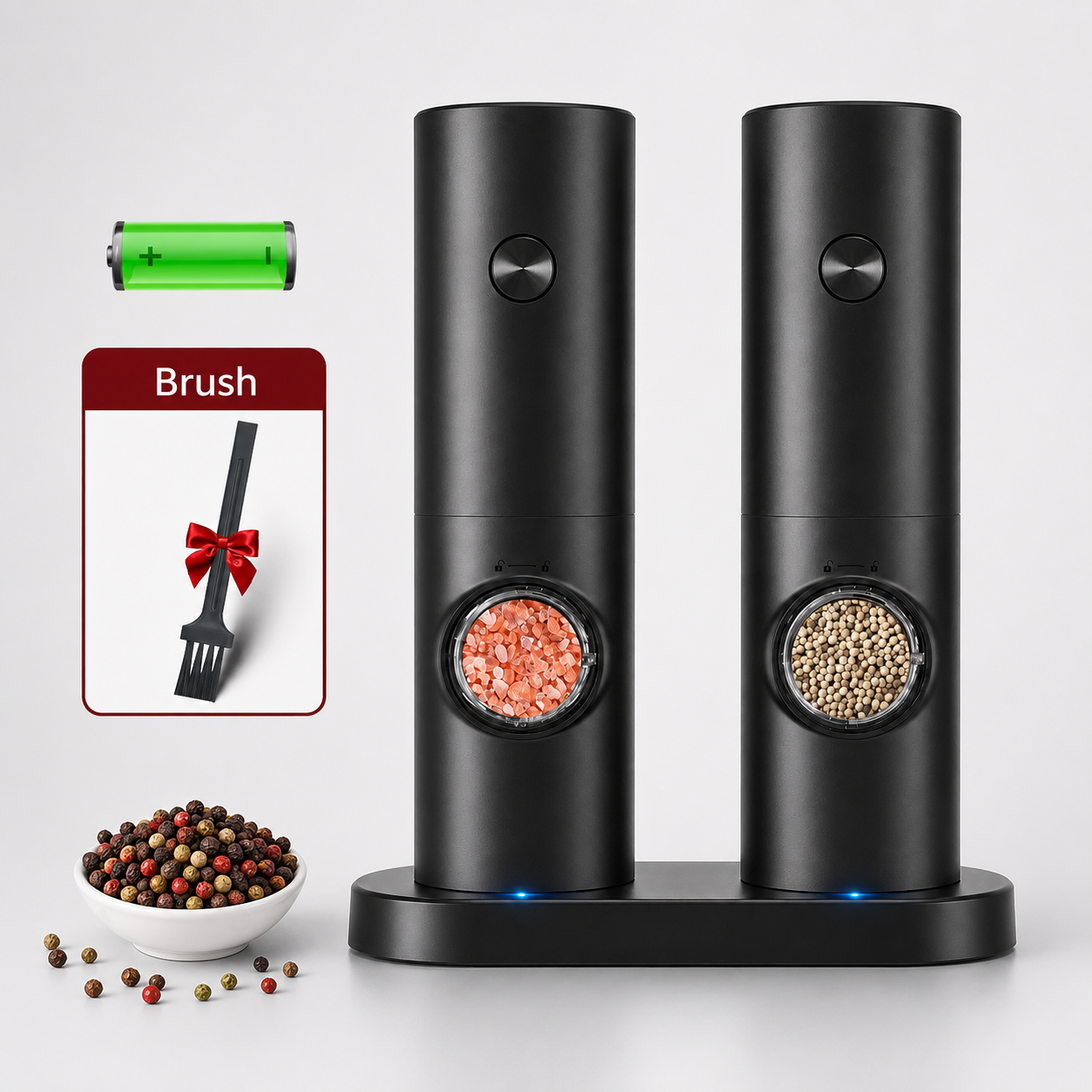 Black electric grinder set with base and accessories