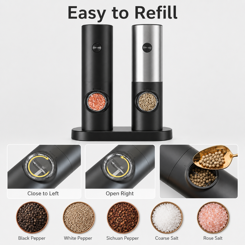 Electric grinder easy to refill infographic