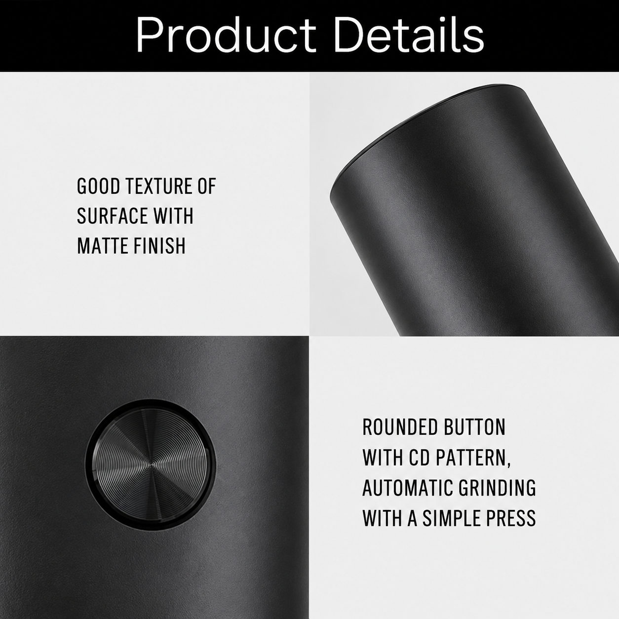 Electric grinder matte finish and one button operation detail