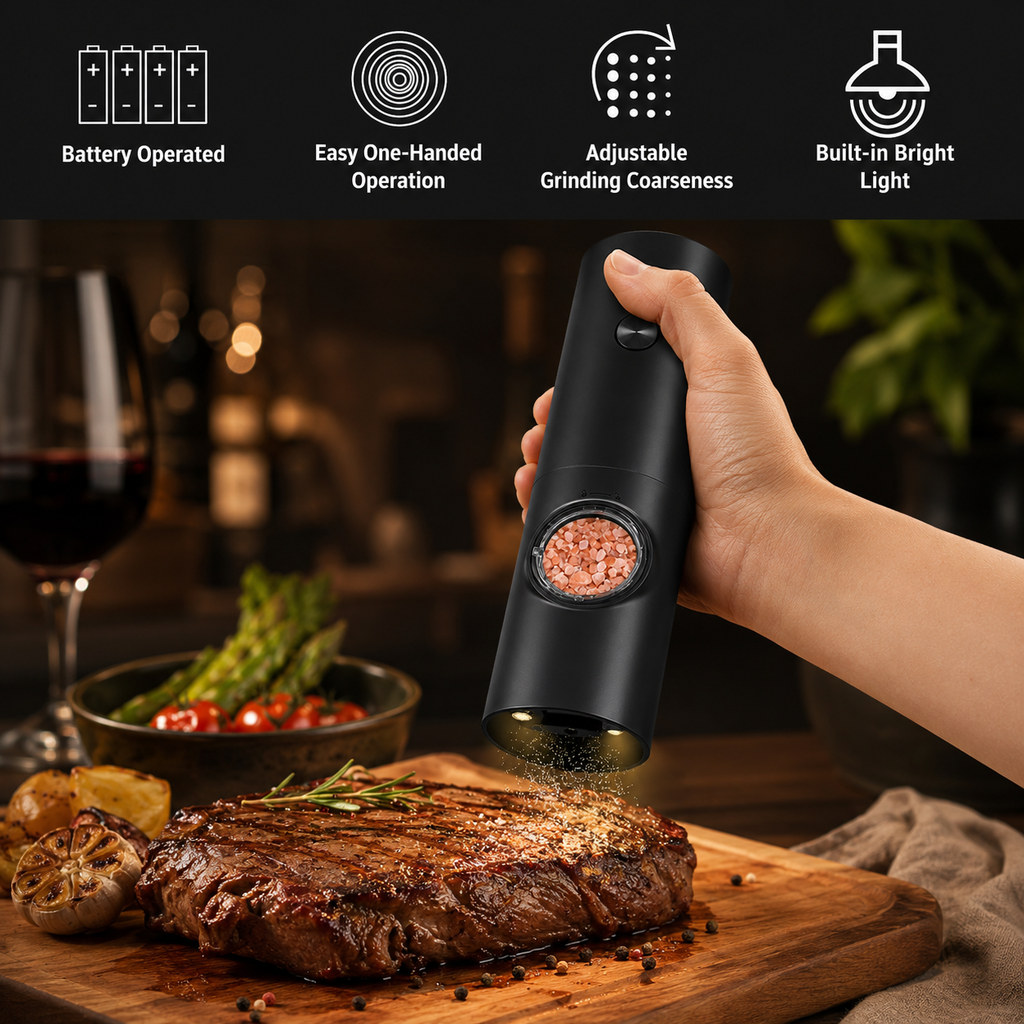 Electric grinder one handed operation over steak feature image