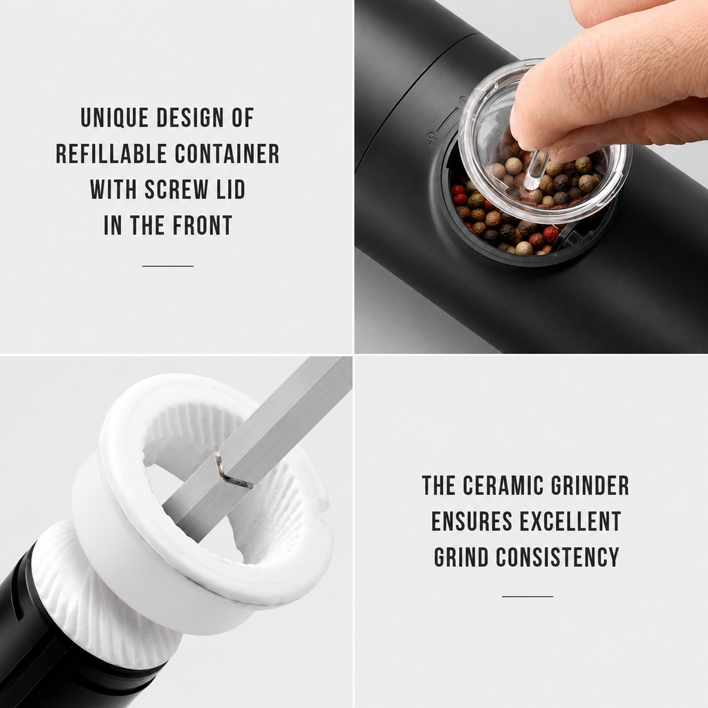 Electric grinder refillable front container and ceramic grinder feature