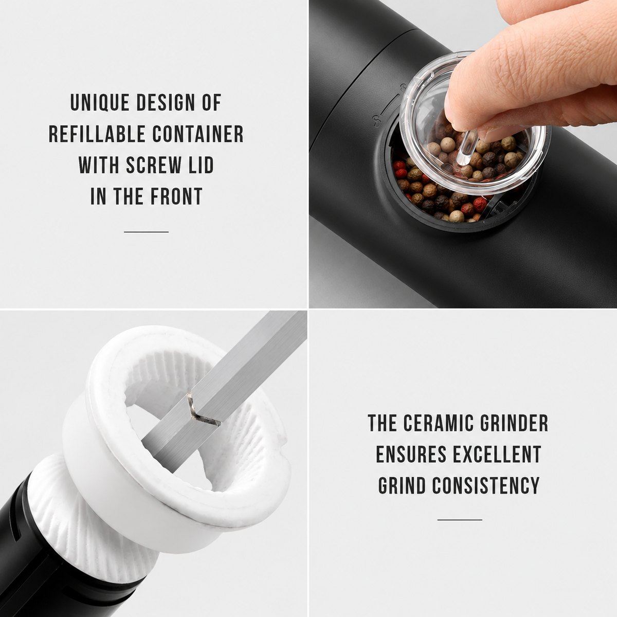 Electric grinder refillable front container and ceramic grinder feature