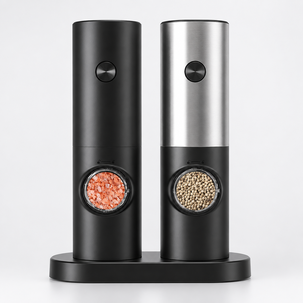 Electric salt and pepper grinder set black and silver with base