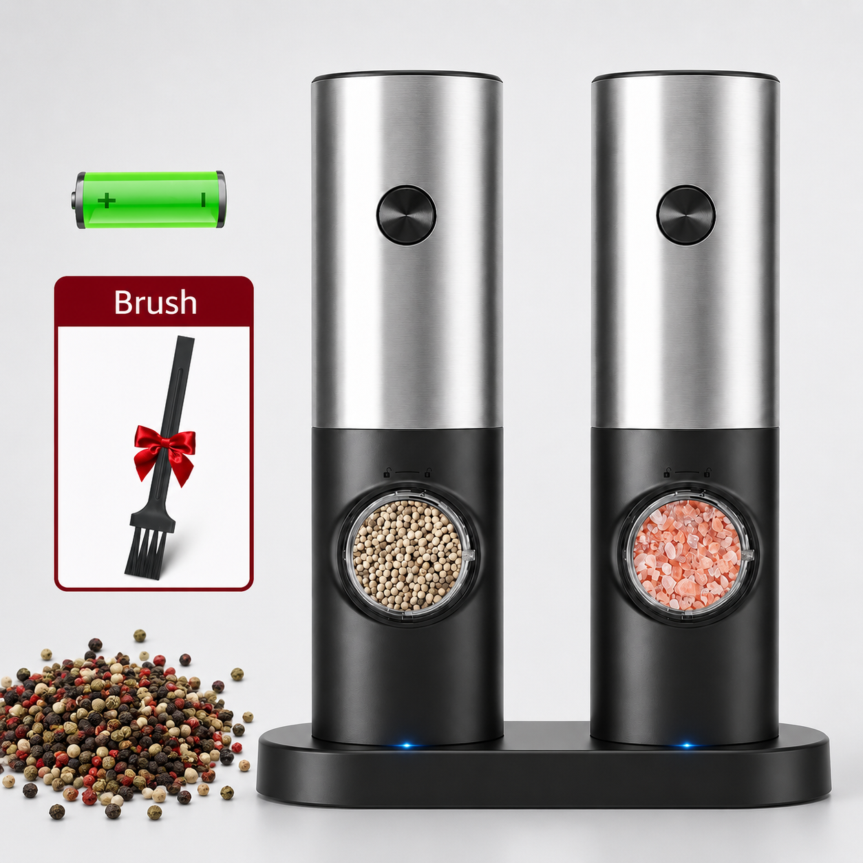 Silver electric grinder set with base and accessories