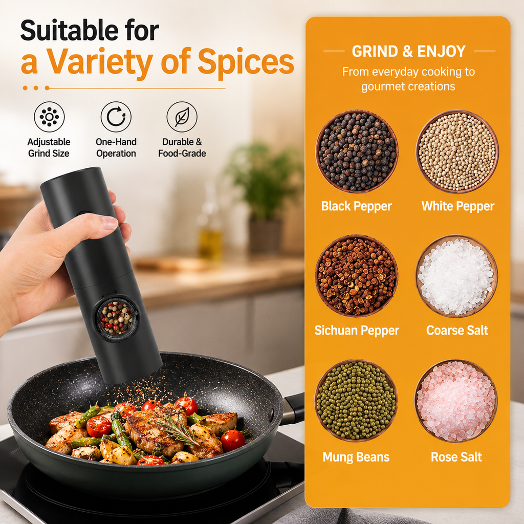 Electric grinder suitable for variety of spices infographic