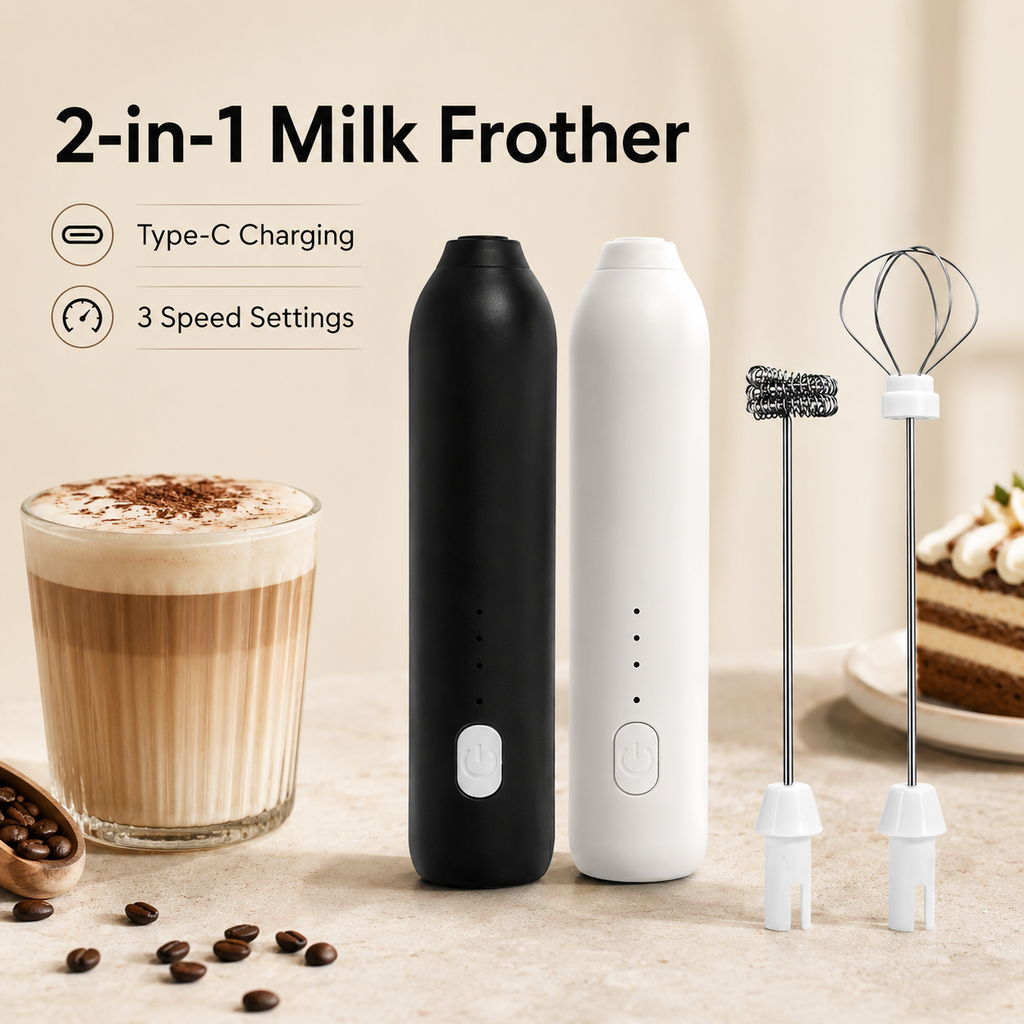 2-in-1 USB-C rechargeable milk frother with black and white variants