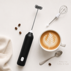 Milk frother flatlay image for coffee and foam