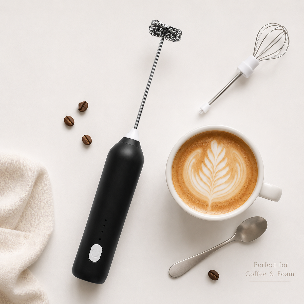 Milk frother flatlay image for coffee and foam
