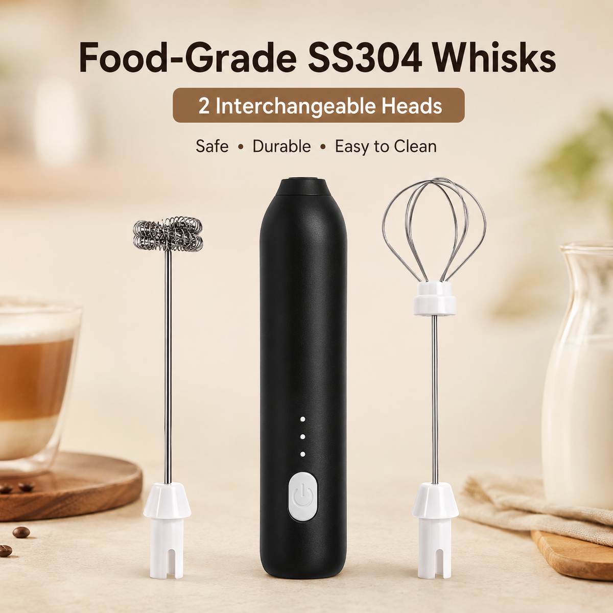 Two interchangeable SS304 whisk heads for rechargeable milk frother