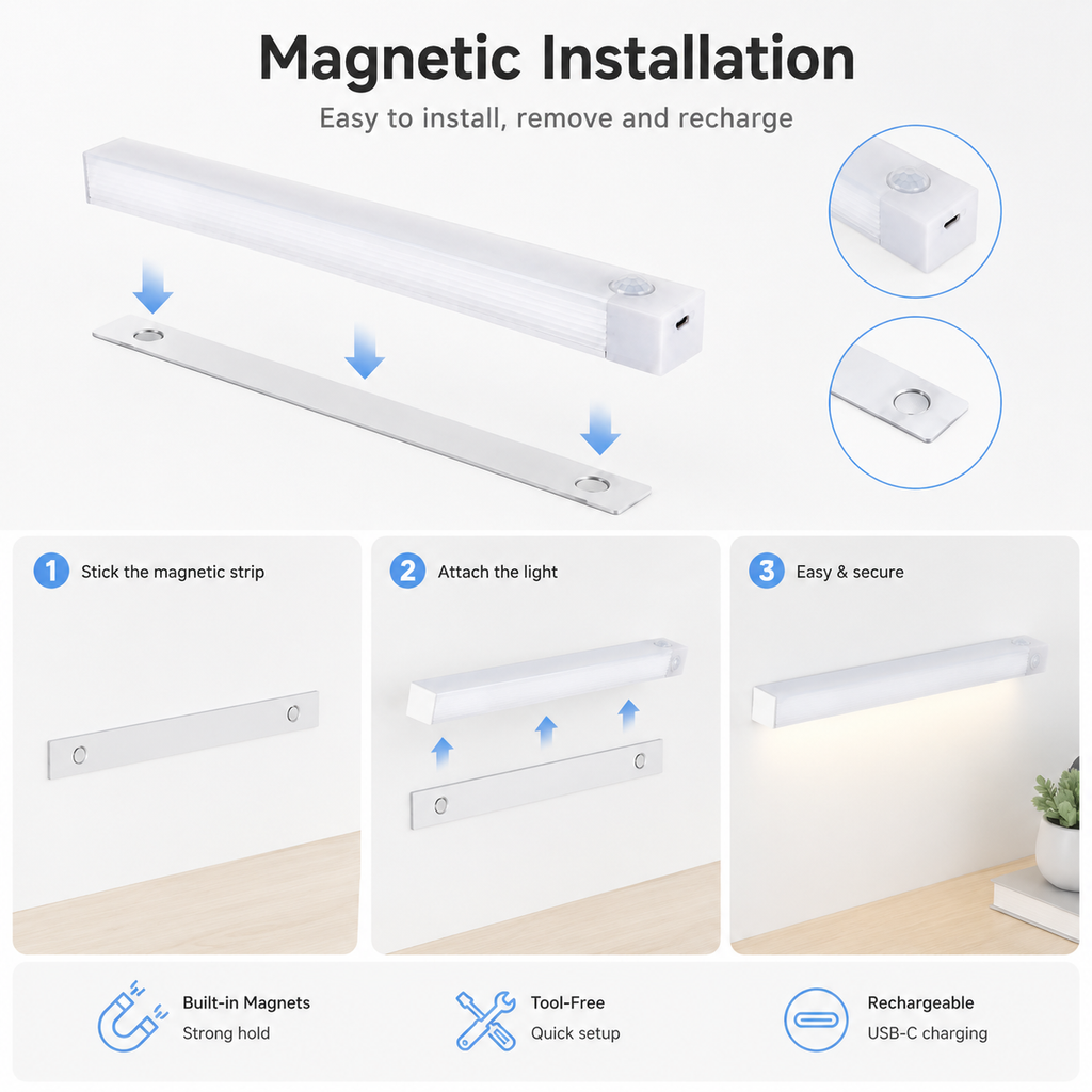 Magnetic installation guide for USB-C motion sensor night light