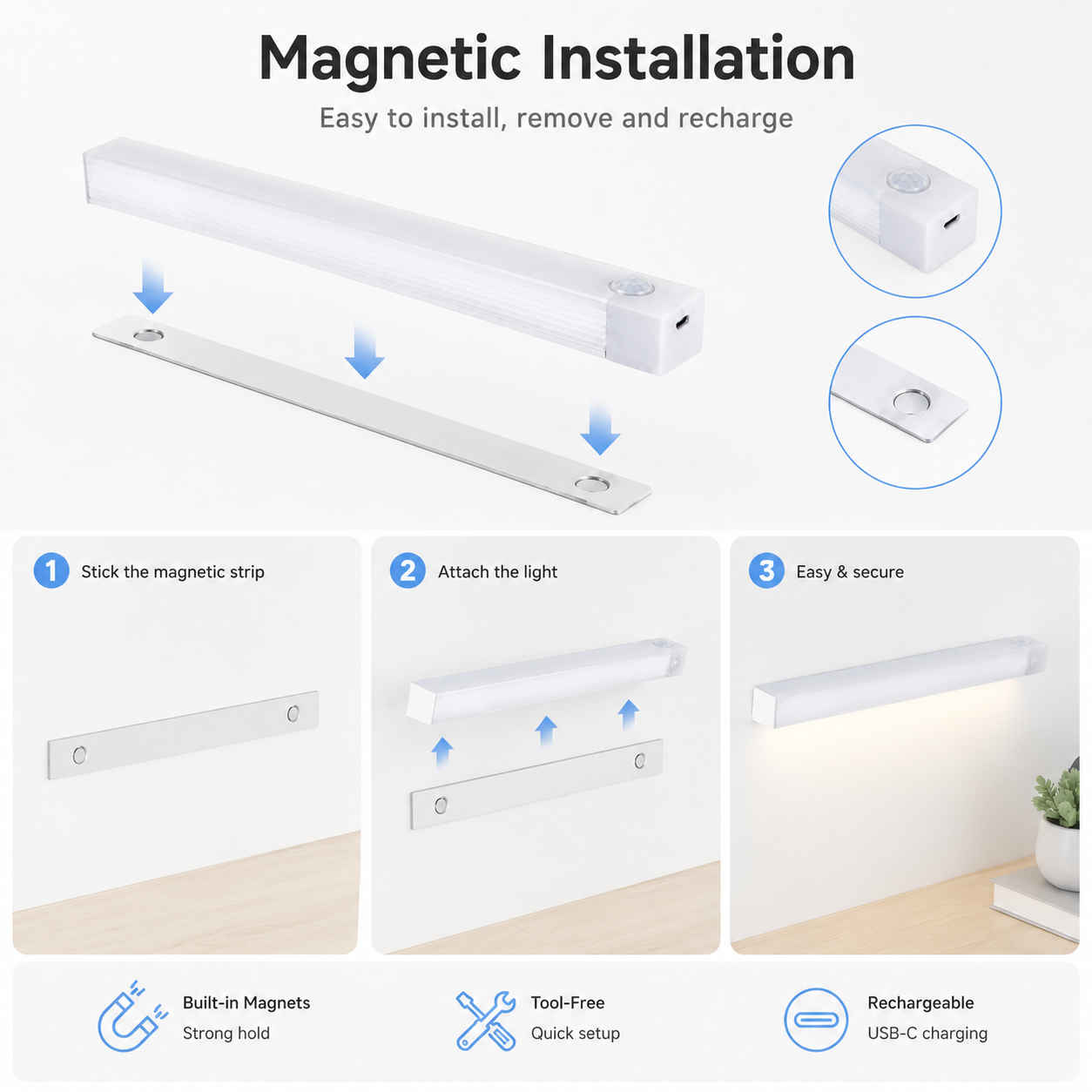 Magnetic installation guide for USB-C motion sensor night light