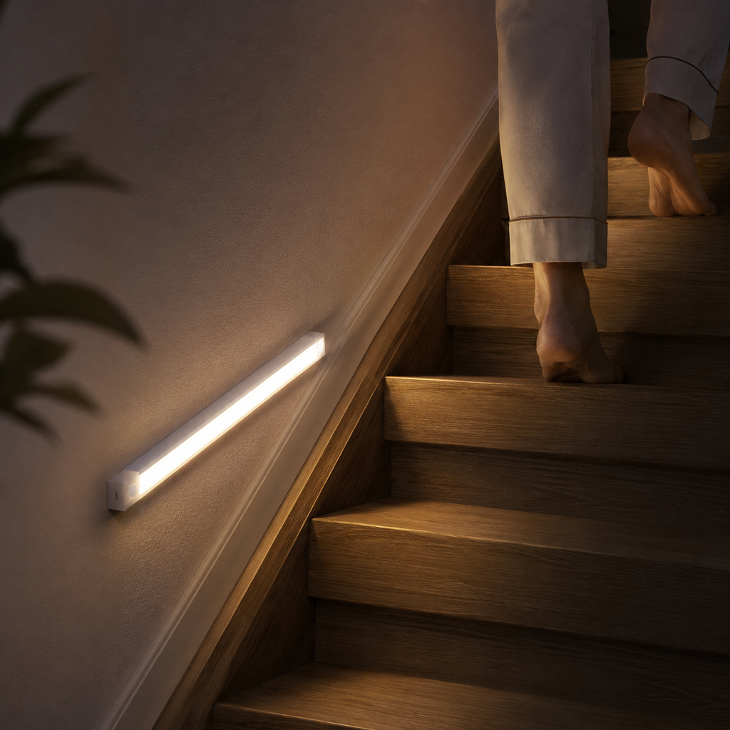 USB-C motion sensor night light installed near stairs