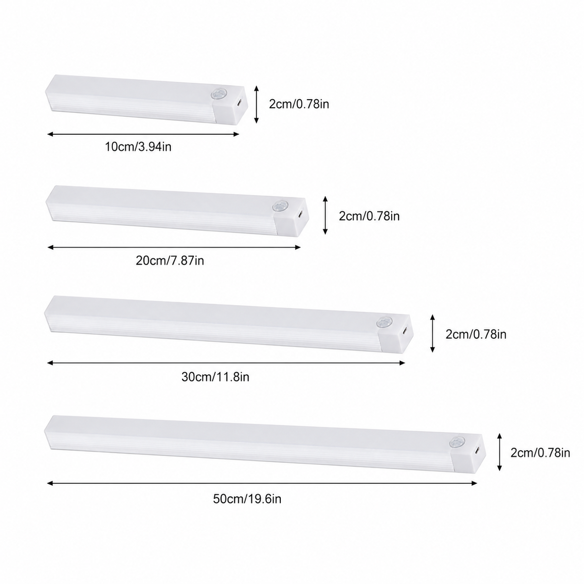 Size comparison for USB-C motion sensor night light 10cm 20cm 30cm 50cm