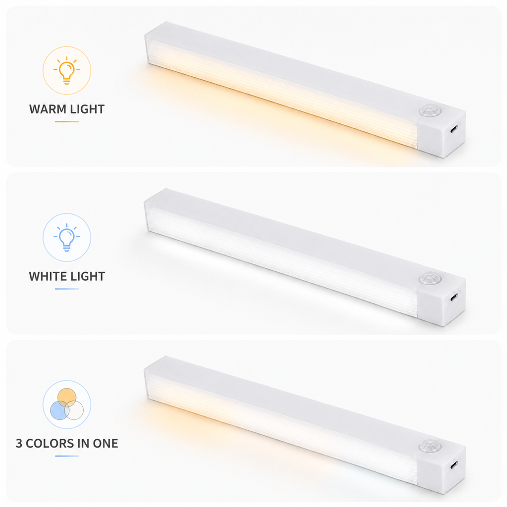 Warm light white light and 3 colors in one options for USB-C motion sensor night light