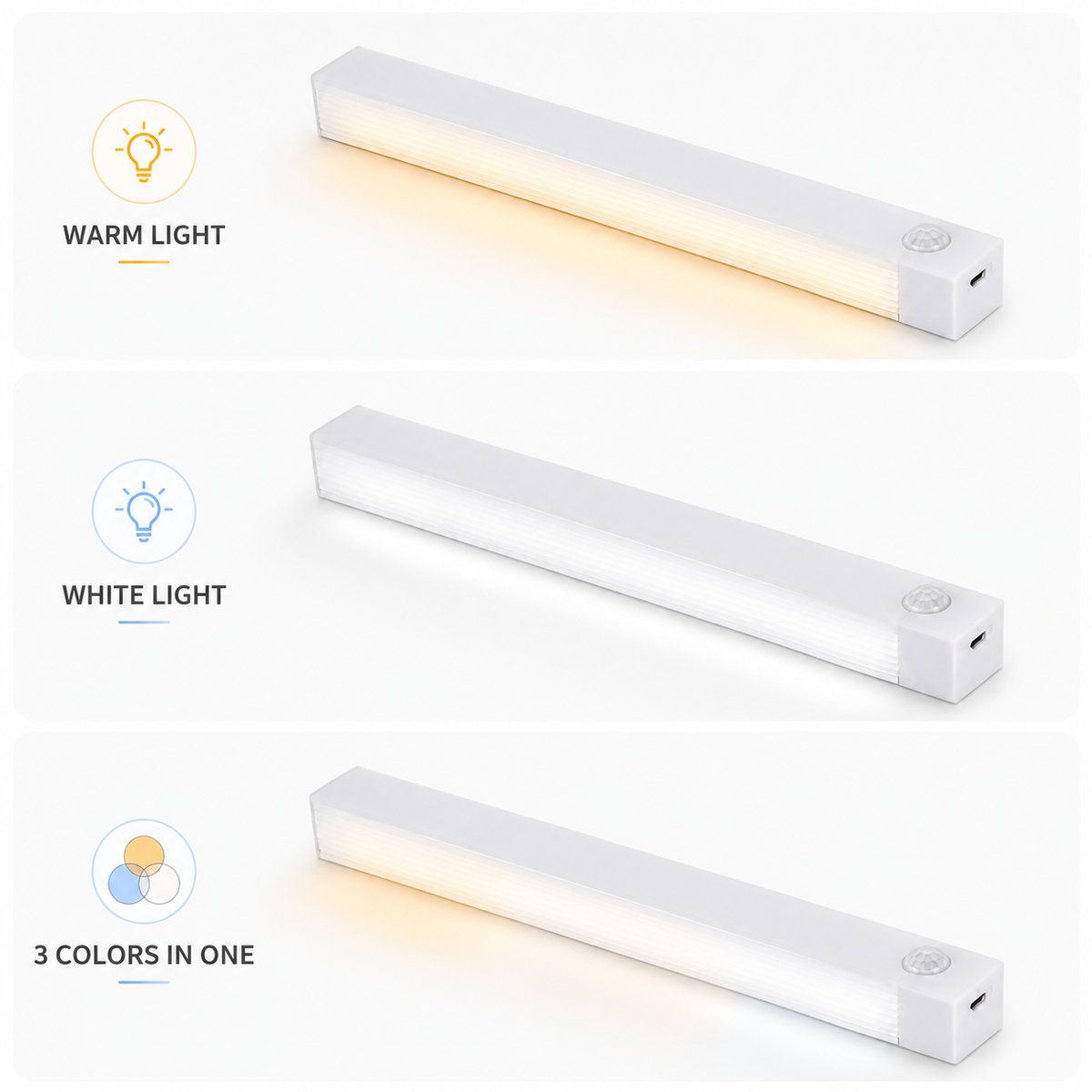 Warm light white light and 3 colors in one options for USB-C motion sensor night light
