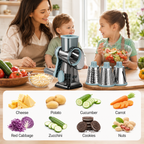 Rotary cheese grater family kitchen scene with compatible foods