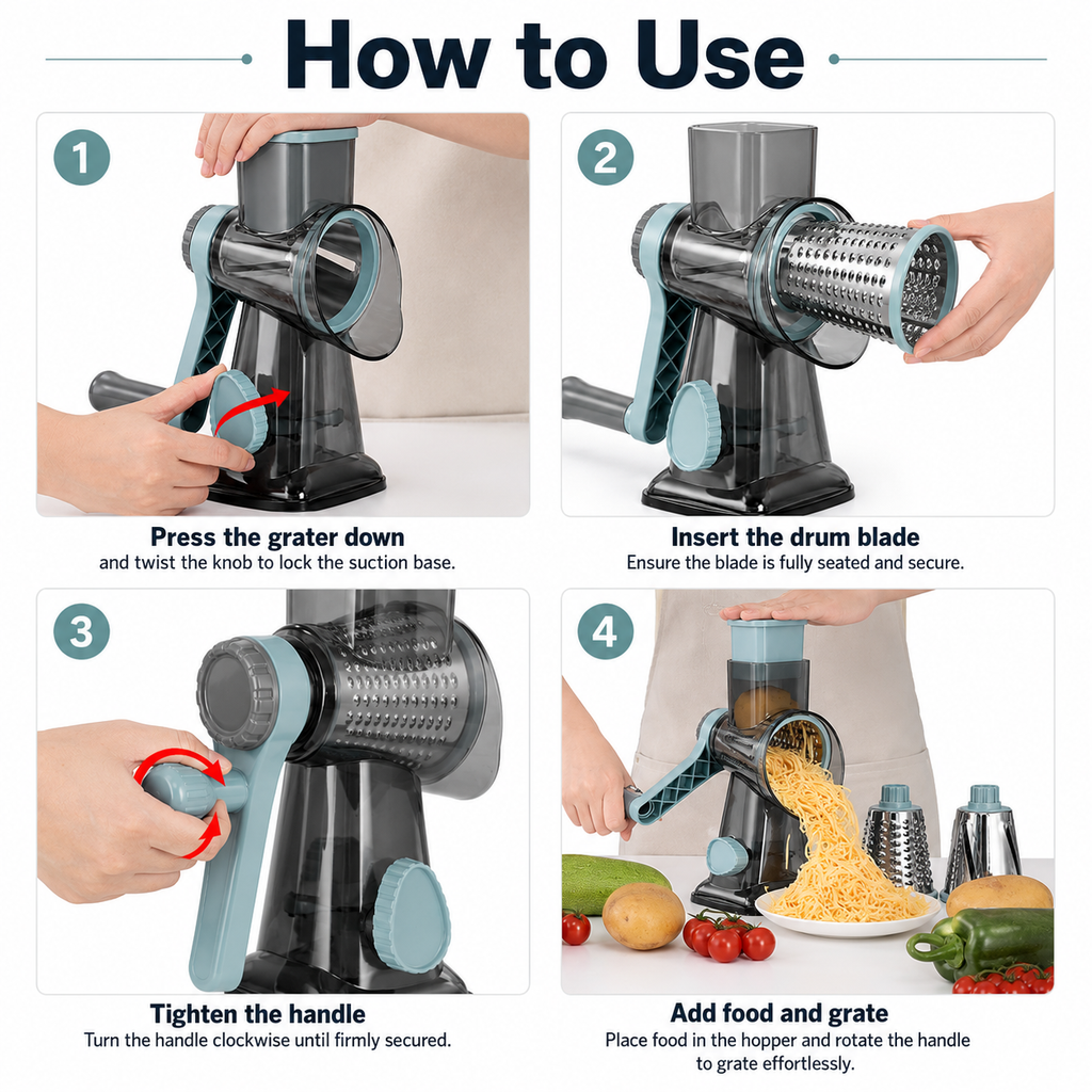 Rotary cheese grater how to use four step instructions