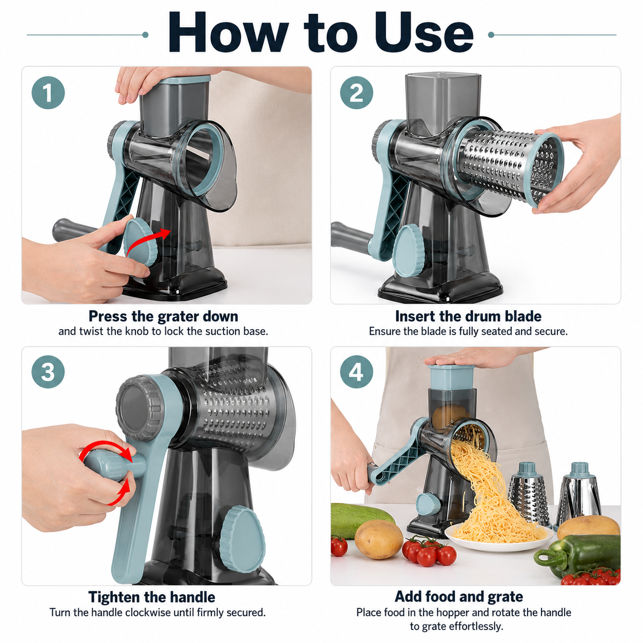 Rotary cheese grater how to use four step instructions